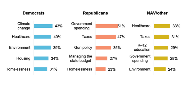Bar graph showing Democrats, Republicans and NAV/other voters different priorities.