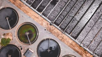 Aerial view of a sewage treatment facility.