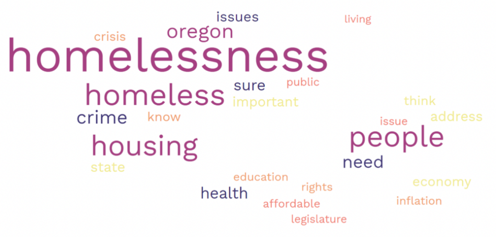 Word cloud showing what Oregonians identified as the most important issues for the Oregon Legislature to address.