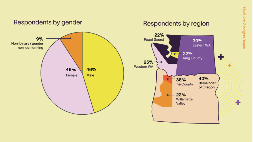 Pie graph of respondents by gender and map visual of respondents by region